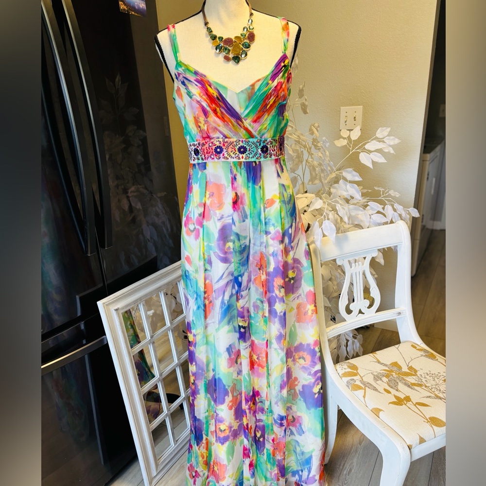 Floral Watercolor Chiffon Maxi Dress with Beaded Waist (Multicolor). Size S. EUC